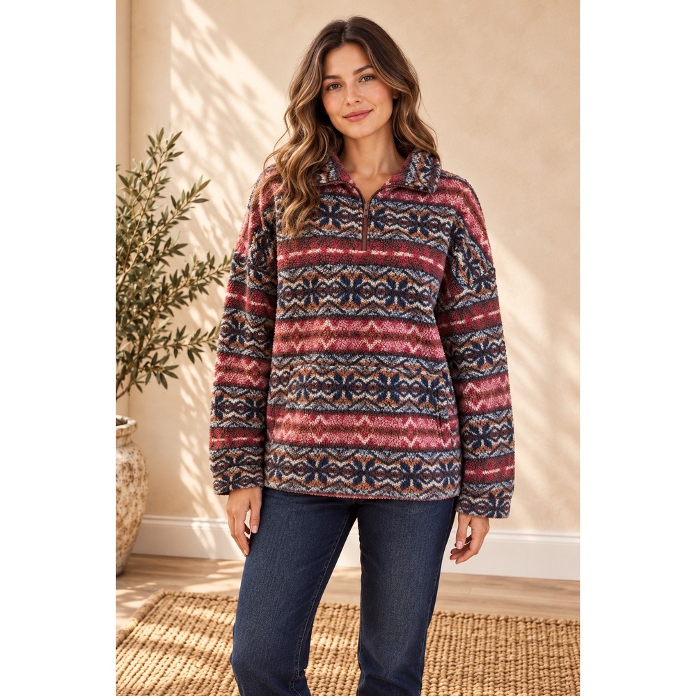 American Eagle Fair Isle Sherpa Fleece Quarter Zip Pullover Pink Blue Small